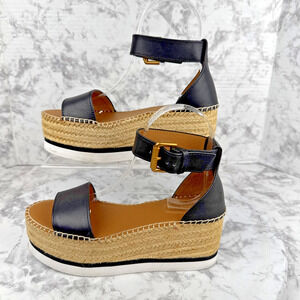 See by Chloe Womens Glyn Platform Espadrille Sandal Black Leather Size 6 EUR 36